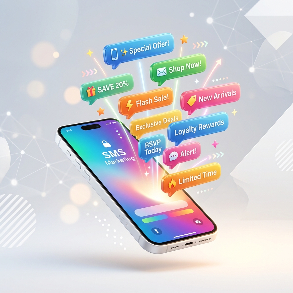 Sleek floating smartphone illustrating vibrant SMS marketing campaigns